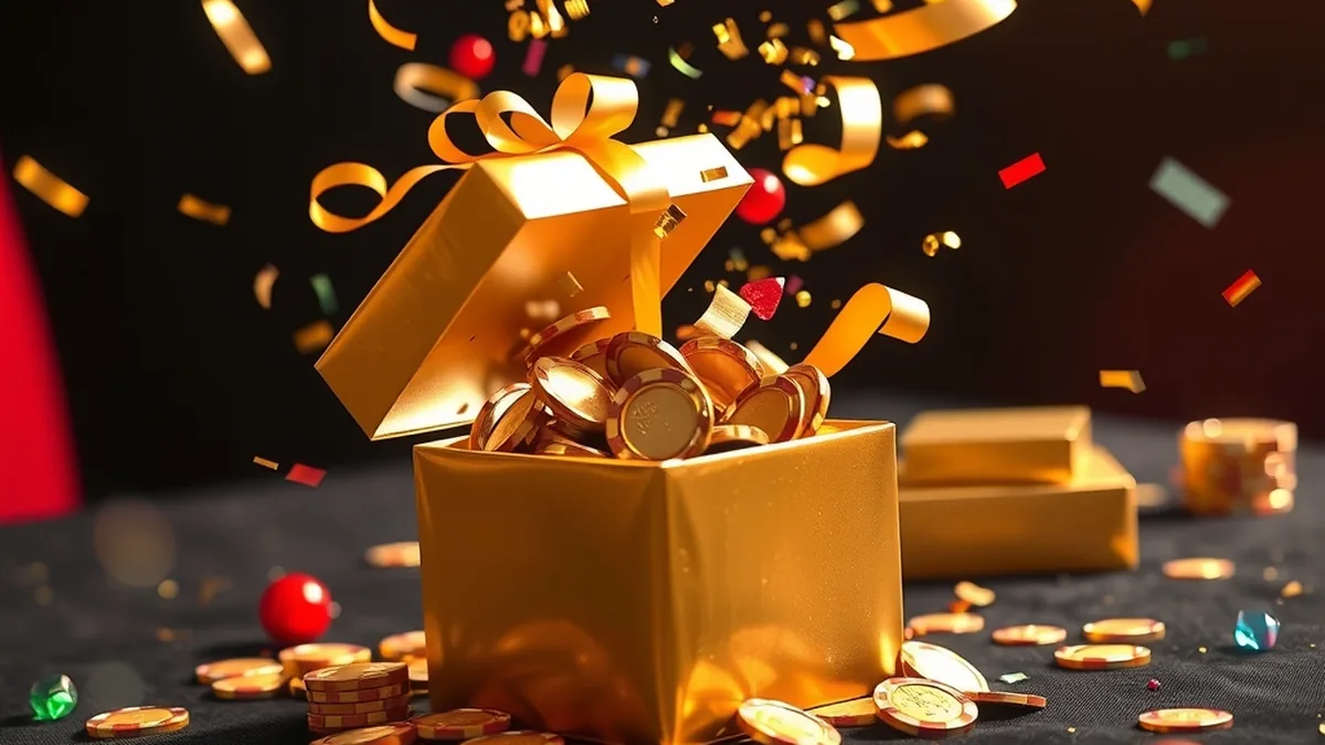 Gift box with chips and confetti representing fatbet bonus and free spins offers