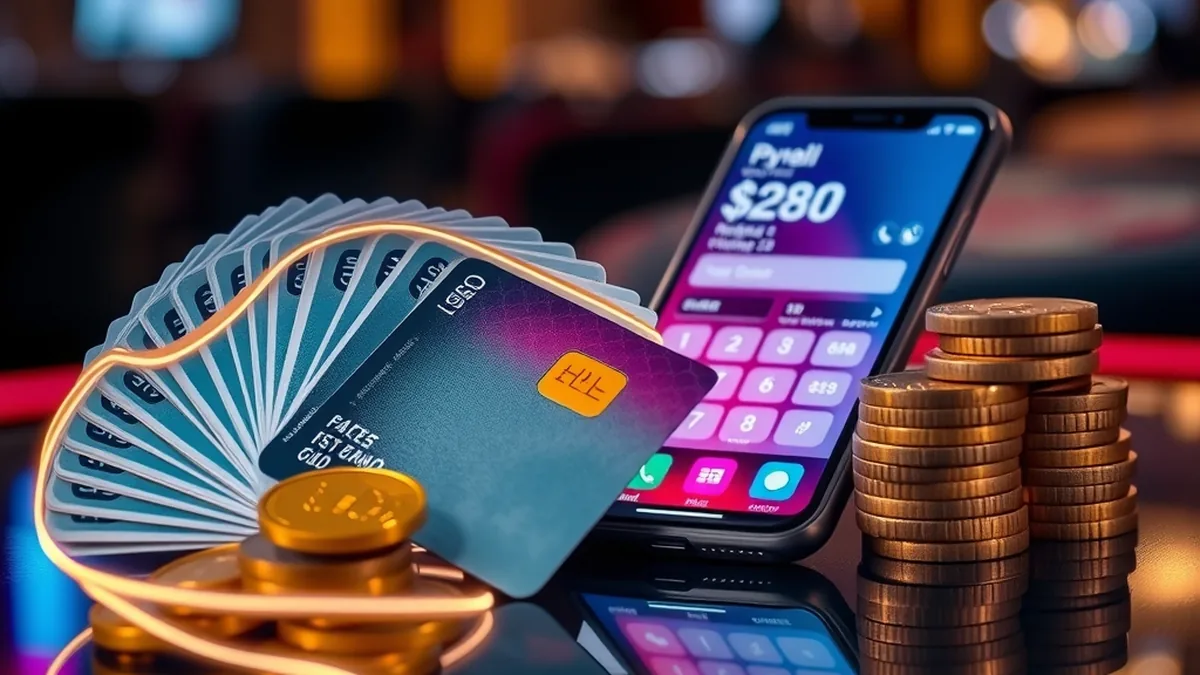 Bank cards, e-wallet phone and coins illustrating fatbet deposit methods