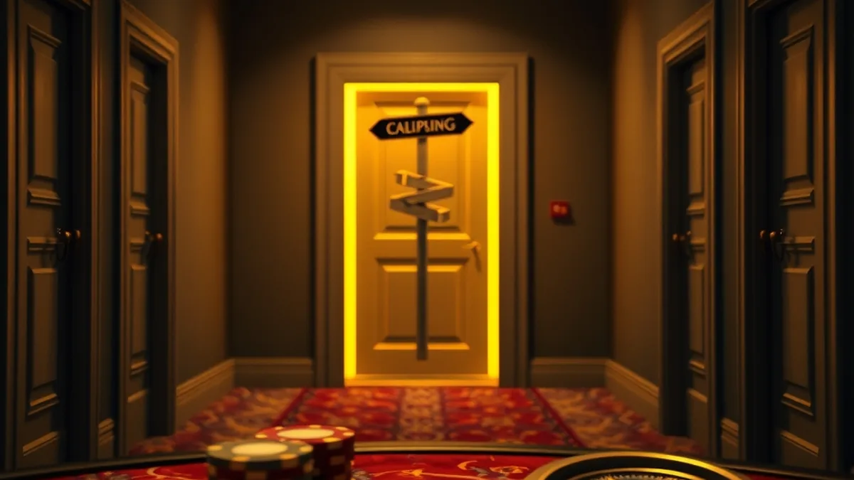 Casino corridor with glowing open door and compass for fatbet not on gamstop