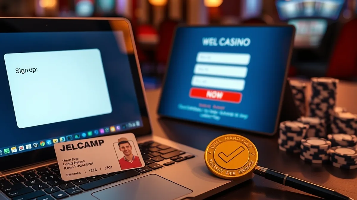 Laptop, ID card and checkmark badge for fatbet sign up and verification