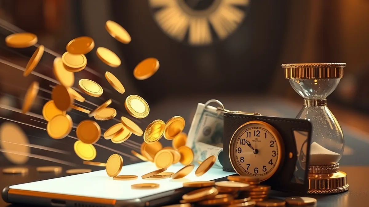 Coins flowing out of a smartphone illustrating fatbet withdrawal speed