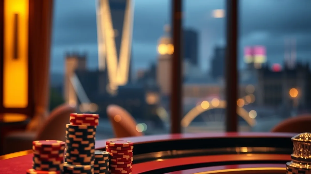Luxurious casino lounge with chips and roulette wheel overlooking London evening lights